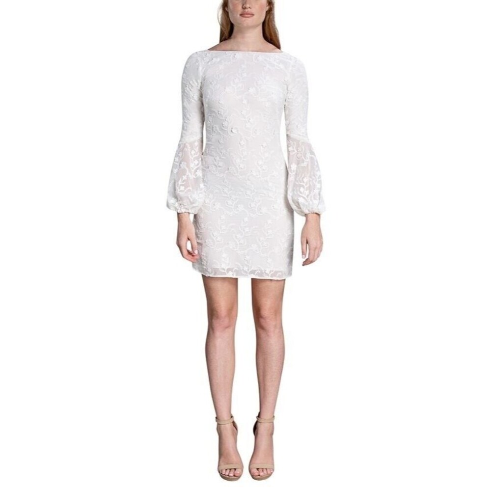 Dress the Population Dress Size M Off White Evelyn Embroidered Long Sleeve Mini